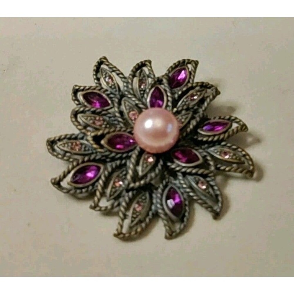 Vintage Silver tone PURPLE Rhinestone Floral Flower Brooch Jewelry 2''